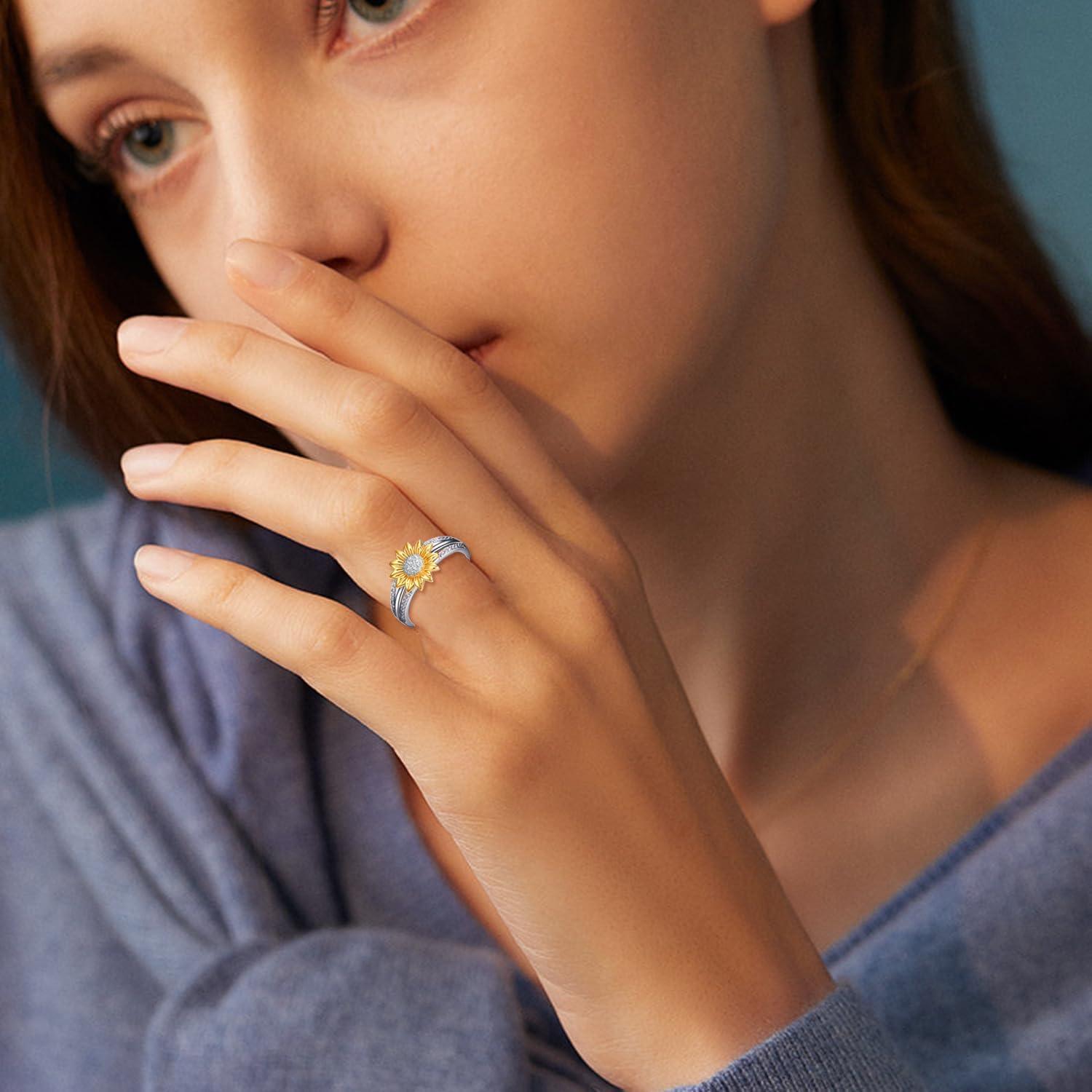imageYFN Sterling Silver You are My Sunshine Sunflower Statement Ring with Cubic Zirconial Band Gifts