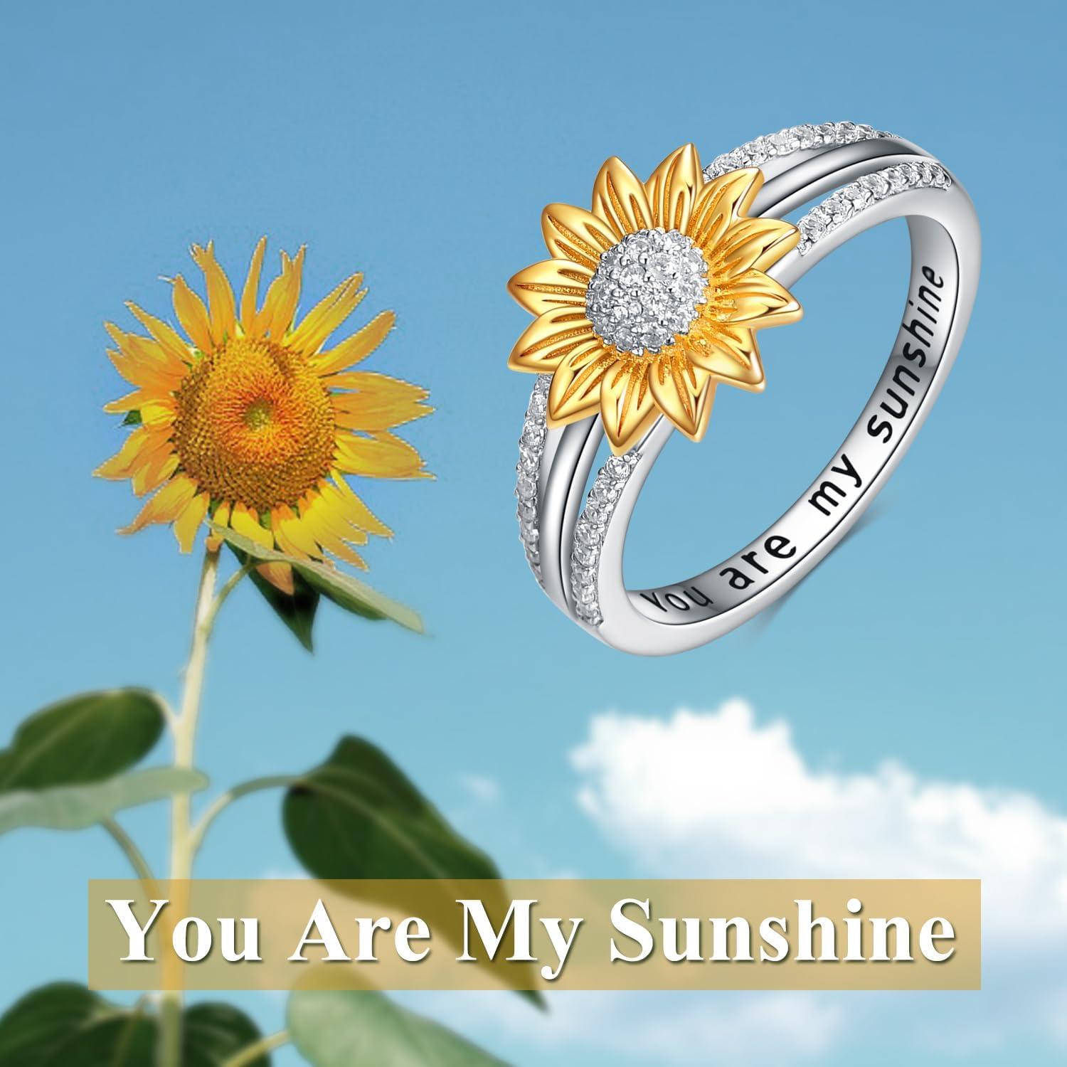 imageYFN Sterling Silver You are My Sunshine Sunflower Statement Ring with Cubic Zirconial Band Gifts