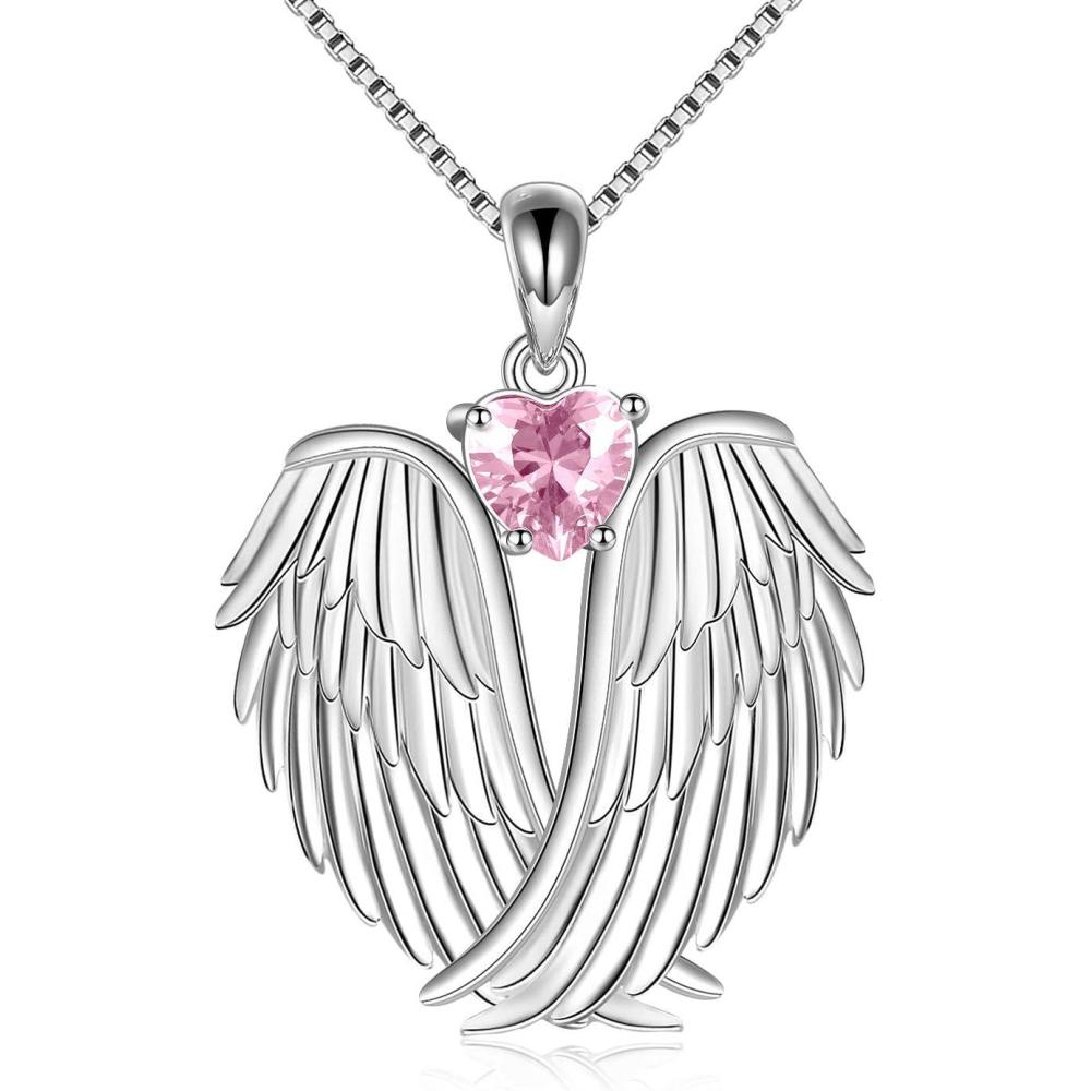 imageYFN Angel Wings Necklace 925 Sterling Silver Guardian Angel Wings Pendant Necklace Birthstone Necklace for Women Girls Christmas Jewelry GiftsOctoberPink