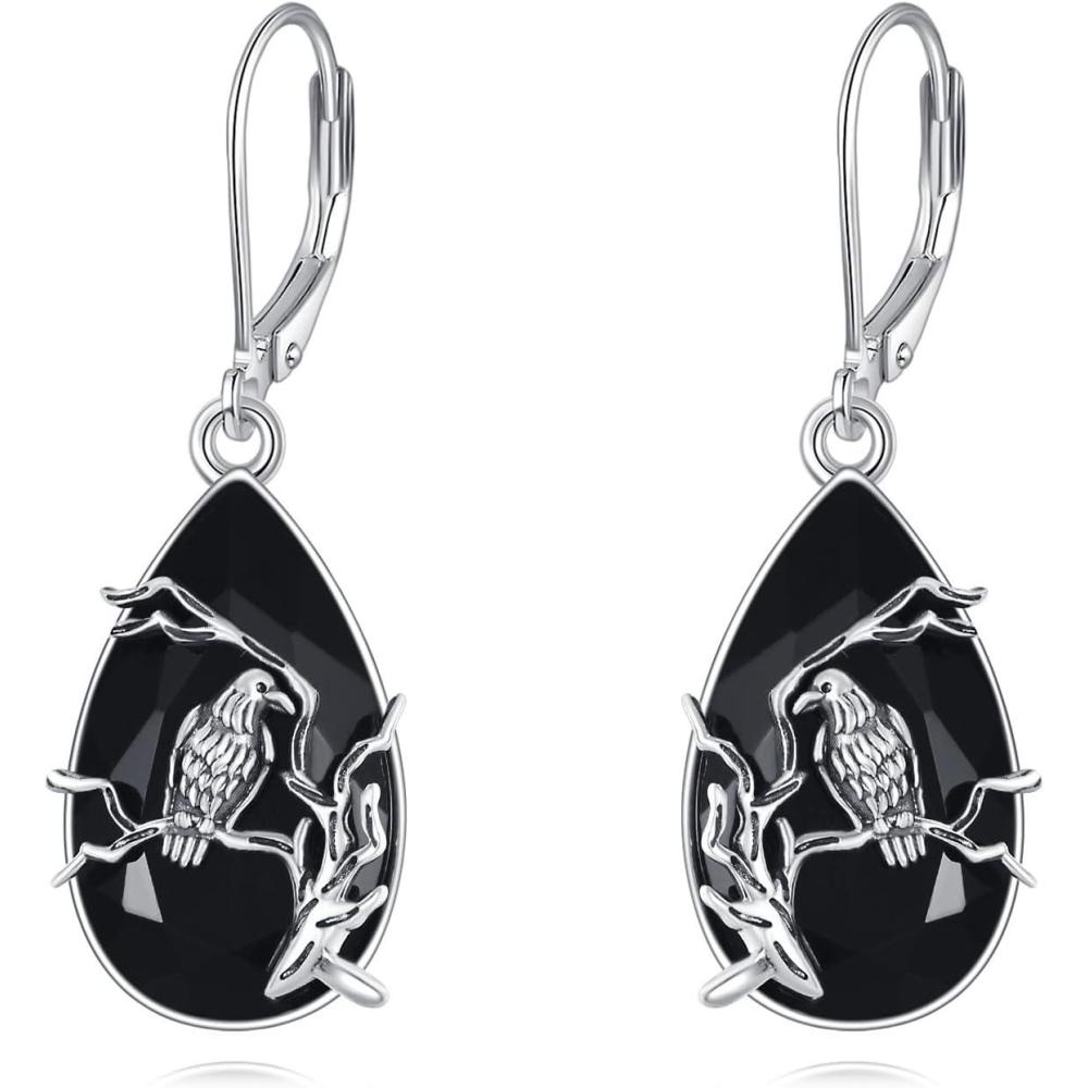 imageYFN Black Tourmaline Earrings Sterling Silver Dangle Drop Leverback Earrings Crystal Healing Jewelry Spiritual Protection Gifts for WomenBat