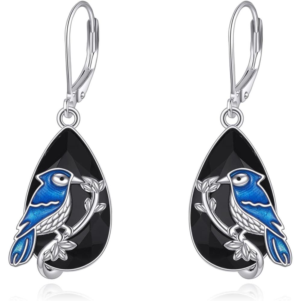 imageYFN Black Tourmaline Earrings Sterling Silver Dangle Drop Leverback Earrings Crystal Healing Jewelry Spiritual Protection Gifts for WomenBlue Jay