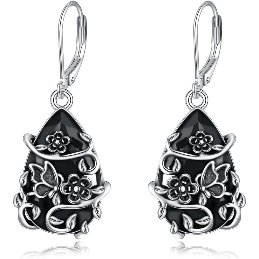 imageYFN Black Tourmaline Earrings Sterling Silver Dangle Drop Leverback Earrings Crystal Healing Jewelry Spiritual Protection Gifts for WomenButterfly