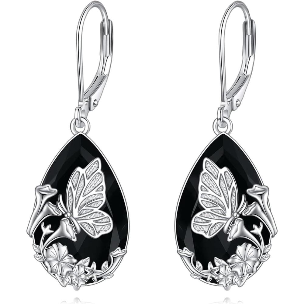 imageYFN Black Tourmaline Earrings Sterling Silver Dangle Drop Leverback Earrings Crystal Healing Jewelry Spiritual Protection Gifts for WomenButterfly Fly