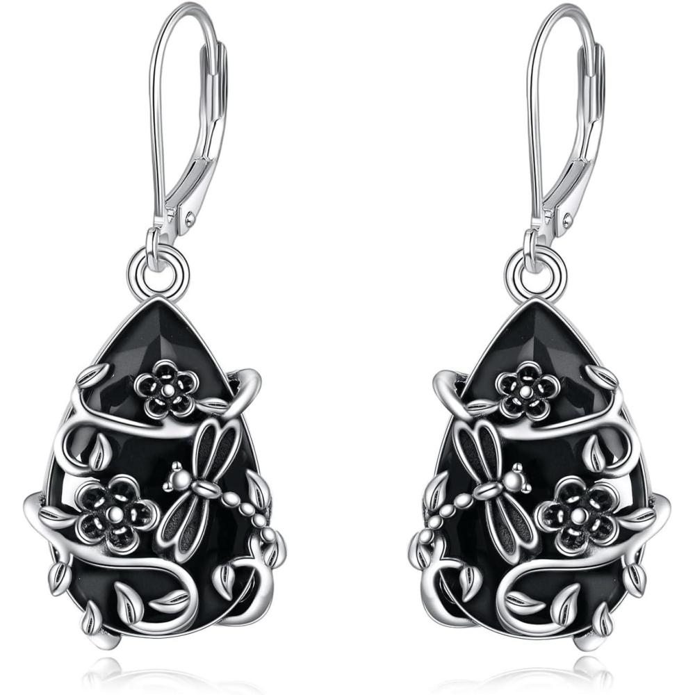 imageYFN Black Tourmaline Earrings Sterling Silver Dangle Drop Leverback Earrings Crystal Healing Jewelry Spiritual Protection Gifts for WomenDragonfly