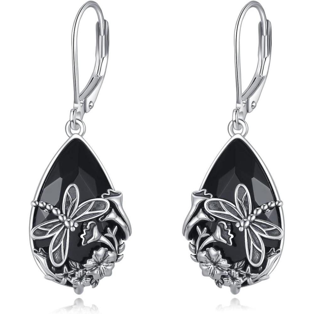 imageYFN Black Tourmaline Earrings Sterling Silver Dangle Drop Leverback Earrings Crystal Healing Jewelry Spiritual Protection Gifts for WomenDragonfly Fly