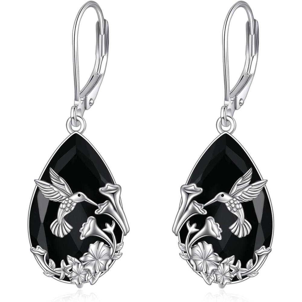 imageYFN Black Tourmaline Earrings Sterling Silver Dangle Drop Leverback Earrings Crystal Healing Jewelry Spiritual Protection Gifts for WomenHummingbird