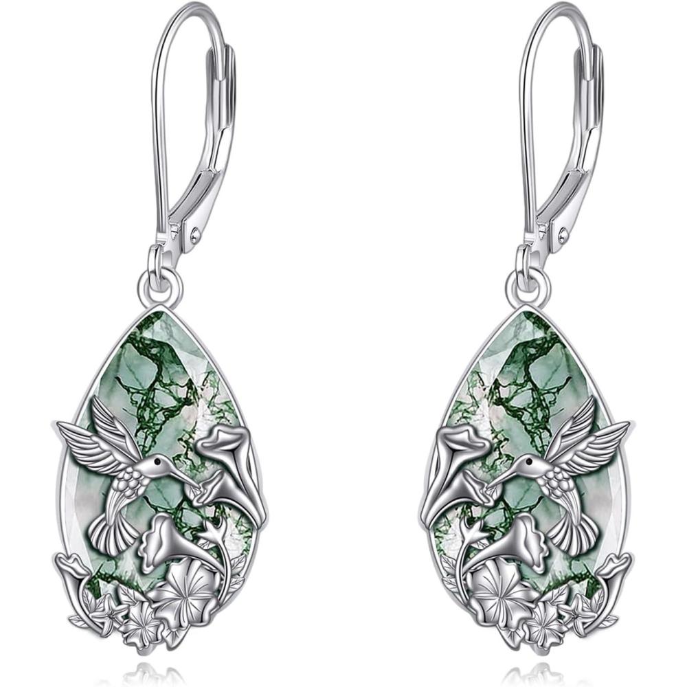 imageYFN Black Tourmaline Earrings Sterling Silver Dangle Drop Leverback Earrings Crystal Healing Jewelry Spiritual Protection Gifts for WomenHummingbird Moss Agate