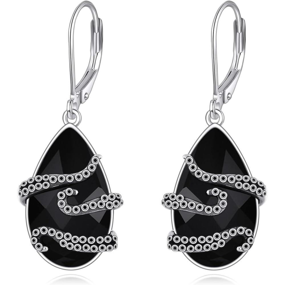 imageYFN Black Tourmaline Earrings Sterling Silver Dangle Drop Leverback Earrings Crystal Healing Jewelry Spiritual Protection Gifts for WomenOctopus