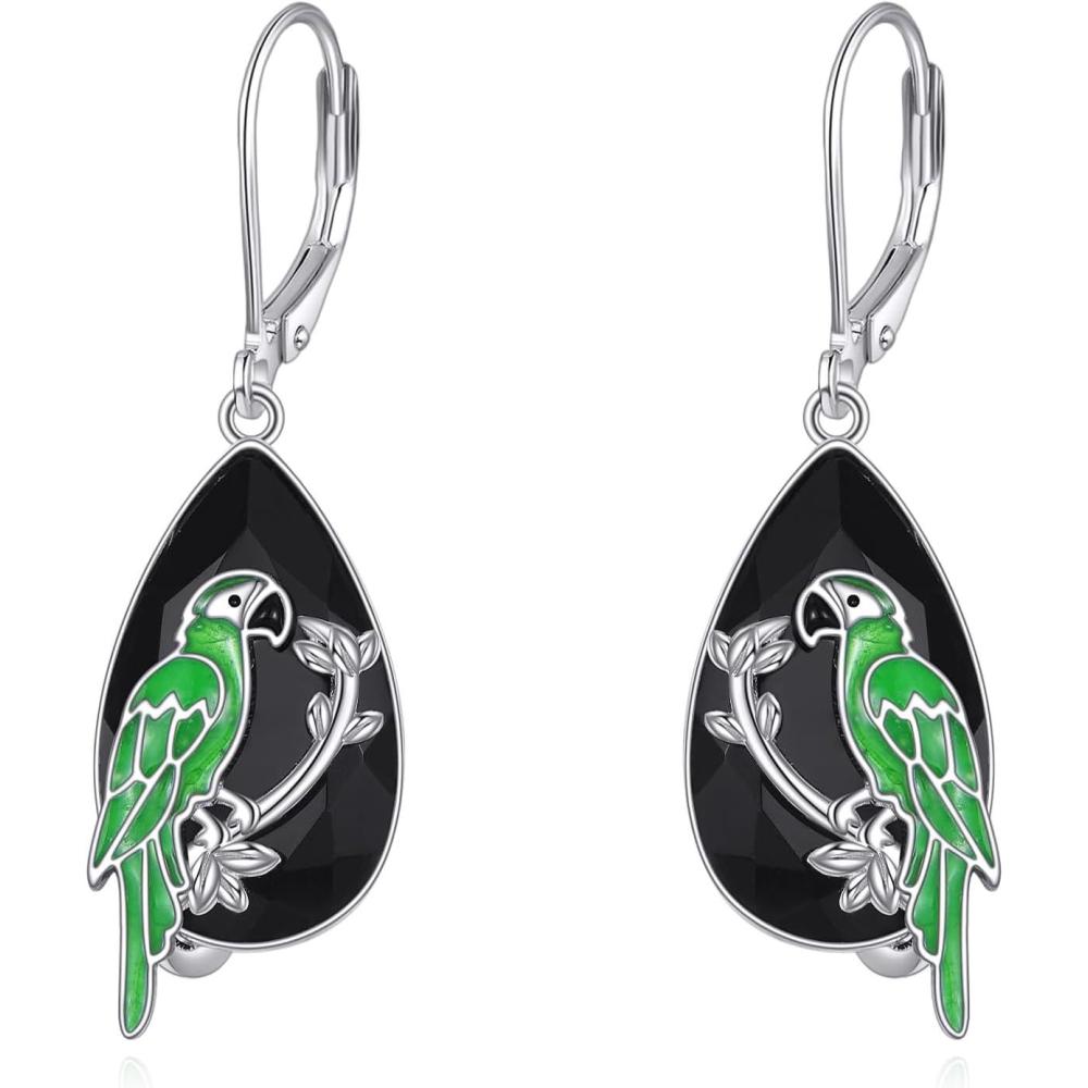 imageYFN Black Tourmaline Earrings Sterling Silver Dangle Drop Leverback Earrings Crystal Healing Jewelry Spiritual Protection Gifts for WomenParrot
