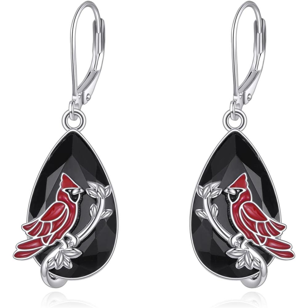 imageYFN Black Tourmaline Earrings Sterling Silver Dangle Drop Leverback Earrings Crystal Healing Jewelry Spiritual Protection Gifts for WomenRed Cardinal