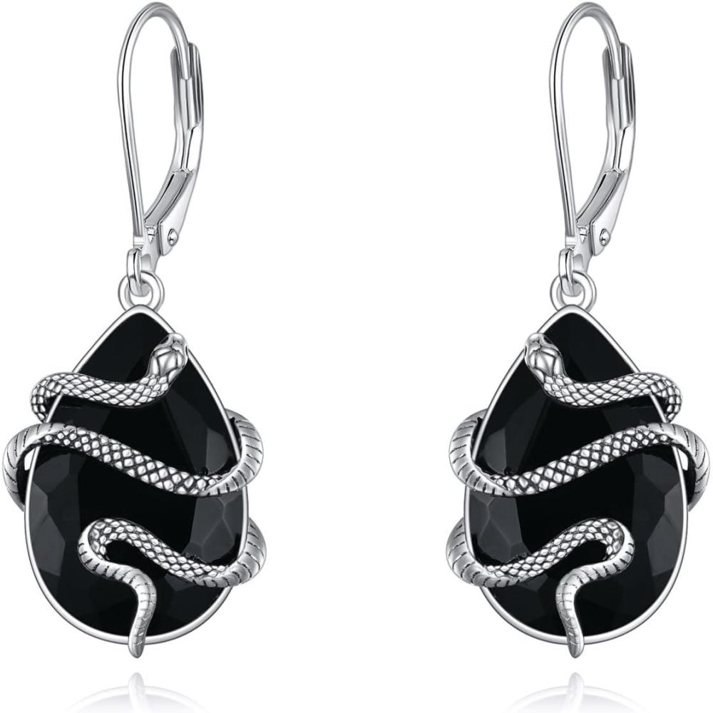 imageYFN Black Tourmaline Earrings Sterling Silver Dangle Drop Leverback Earrings Crystal Healing Jewelry Spiritual Protection Gifts for WomenSnake