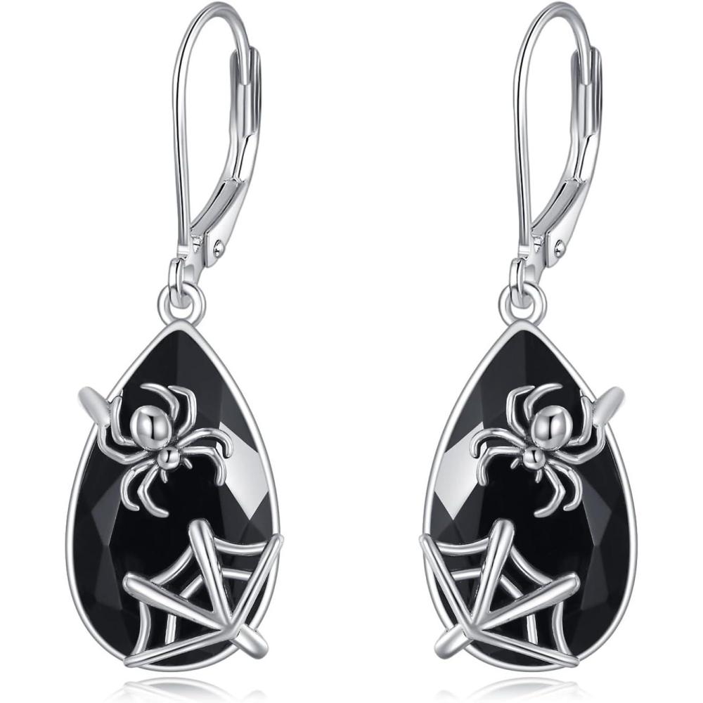 imageYFN Black Tourmaline Earrings Sterling Silver Dangle Drop Leverback Earrings Crystal Healing Jewelry Spiritual Protection Gifts for WomenSpider
