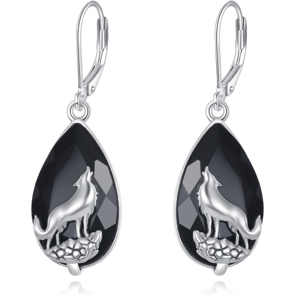 imageYFN Black Tourmaline Earrings Sterling Silver Dangle Drop Leverback Earrings Crystal Healing Jewelry Spiritual Protection Gifts for WomenWolf