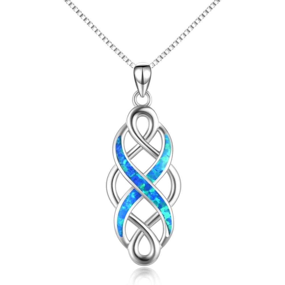 imageYFN Irish Celtic Knot Created Opal Pendant Necklace Sterling Silver Black Necklaces for Women Men 18quotBlue Opal Celtic Knot Necklace