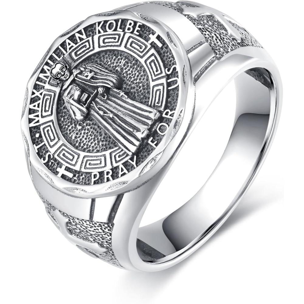 imageYFN Patron Saint Ring Sterling Silver Religious Protector Ring Jewelry Gifts for Women MenSt Maximilian Kolbe