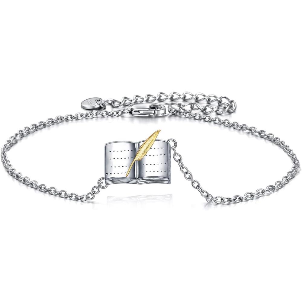 imageYFN Reading Lover Gift Book Necklace Sterling Silver Reading Women Jewelry for Book club staff Librarian Bookworm 18quotSilverBook Bracelet Jewelry
