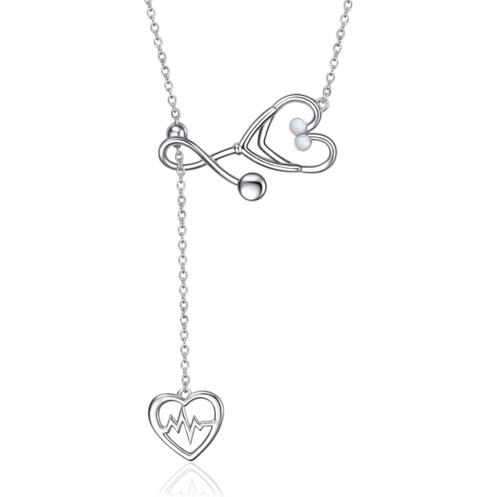 imageYFN Sterling Silver Caduceus Angel Nursing Themed Stethoscope Pendant Necklace 18quotOpal October Birthstone