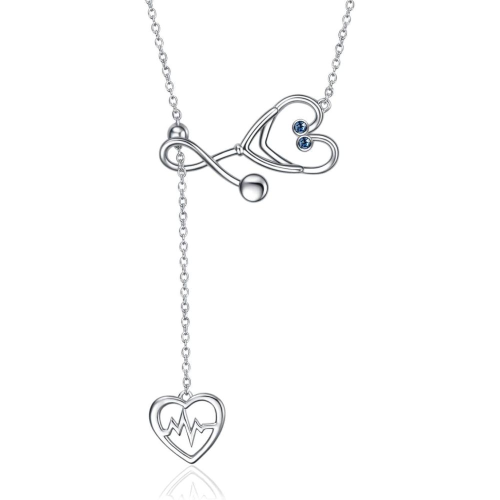 imageYFN Sterling Silver Caduceus Angel Nursing Themed Stethoscope Pendant Necklace 18quotSimulated Sapphire Blue Cubic Zirconial September Birthstone