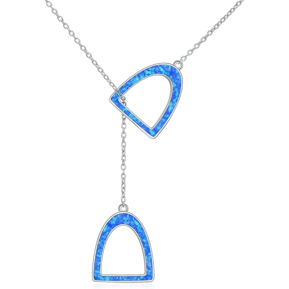 imageYFN Sterling Silver Double Horse Strirrup Lariat Necklace Gift For WomenBlue Opal Horse Necklace