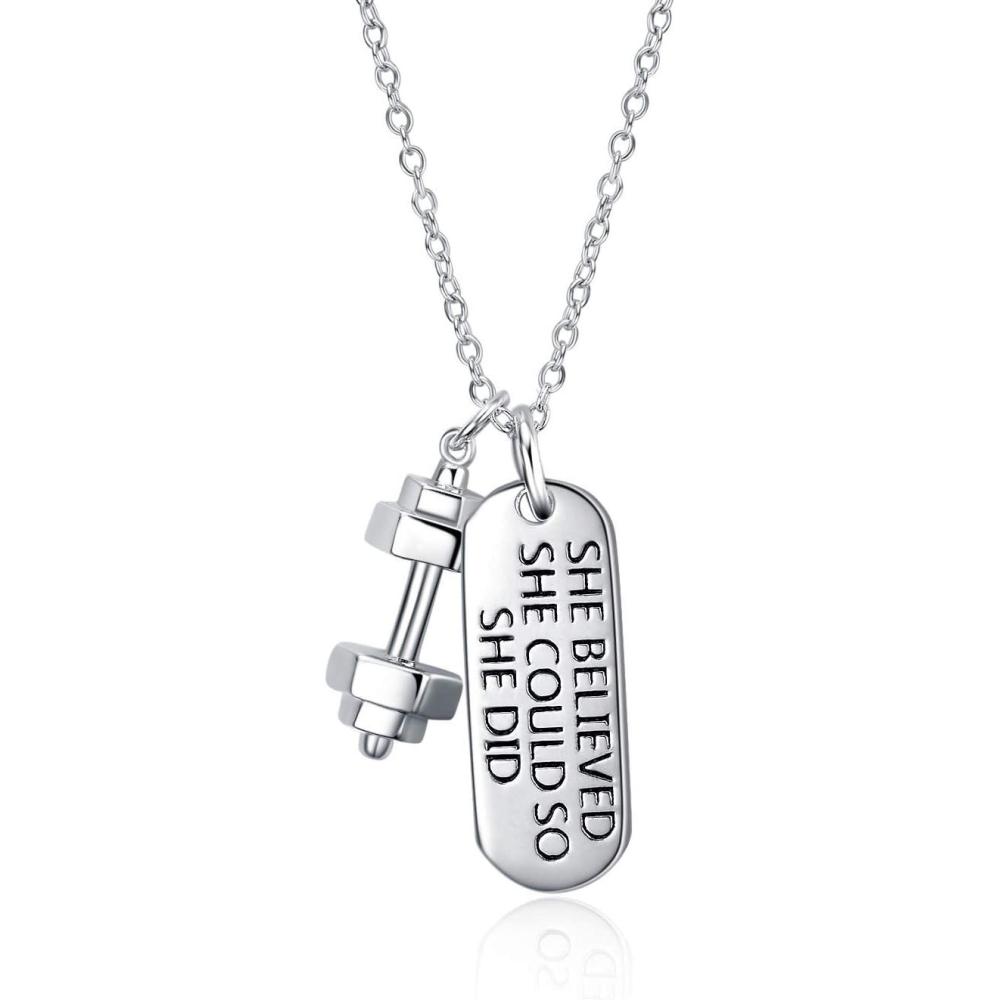 imageYFN Sterling Silver Strong Is Beautiful She Believe She Could So She Did Engraved Dumbbell Barbell Gym Buff Pendant Necklace 18quotShe Believe She Could So She Did Barbell Necklace