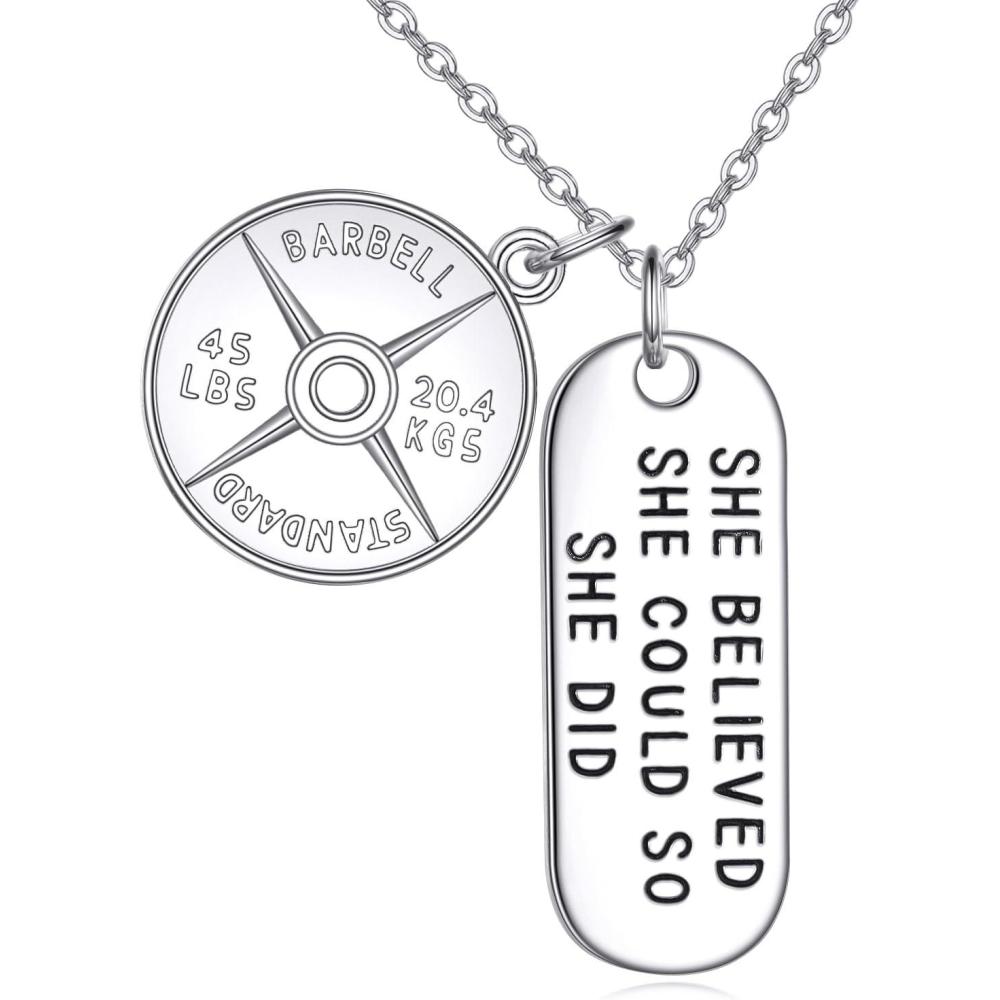 imageYFN Sterling Silver Strong Is Beautiful She Believe She Could So She Did Engraved Dumbbell Barbell Gym Buff Pendant Necklace 18quotShe Believe She Could So She Did Weight Plate Necklace
