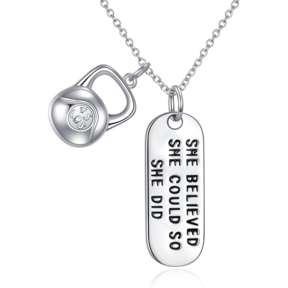 imageYFN Sterling Silver Strong Is Beautiful She Believe She Could So She Did Engraved Dumbbell Barbell Gym Buff Pendant Necklace 18quotShe Believe She Could So She Did Kettlebell Necklace