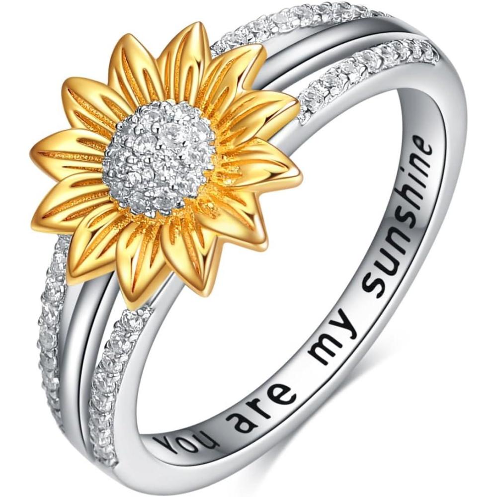 imageYFN Sterling Silver You are My Sunshine Sunflower Statement Ring with Cubic Zirconial Band Gifts
