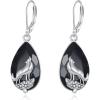 YFN Black Tourmaline Earrings Sterling Silver Dangle Drop Leverback Earrings Crystal Healing Jewelry Spiritual Protection Gifts for Women(Wolf)