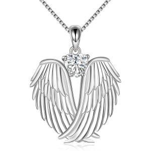YFN Angel Wings Necklace 925 Sterling Silver Guardian Angel Wings Pendant Necklace Birthstone Necklace for Women Girls Christmas Jewelry Gifts(April-white)