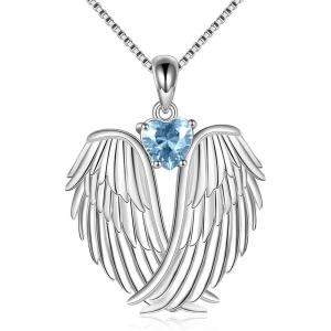 YFN Angel Wings Necklace 925 Sterling Silver Guardian Angel Wings Pendant Necklace Birthstone Necklace for Women Girls Christmas Jewelry Gifts(December-Blue)