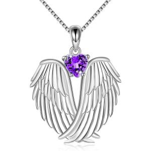 YFN Angel Wings Necklace 925 Sterling Silver Guardian Angel Wings Pendant Necklace Birthstone Necklace for Women Girls Christmas Jewelry Gifts(February-Purple)