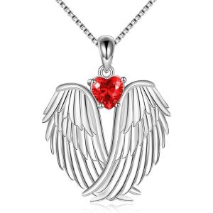 YFN Angel Wings Necklace 925 Sterling Silver Guardian Angel Wings Pendant Necklace Birthstone Necklace for Women Girls Christmas Jewelry Gifts(January-Red)