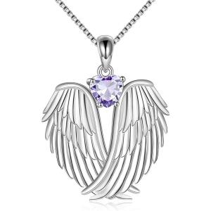 YFN Angel Wings Necklace 925 Sterling Silver Guardian Angel Wings Pendant Necklace Birthstone Necklace for Women Girls Christmas Jewelry Gifts(June)