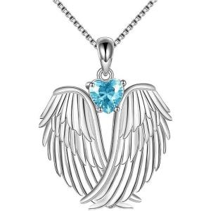 YFN Angel Wings Necklace 925 Sterling Silver Guardian Angel Wings Pendant Necklace Birthstone Necklace for Women Girls Christmas Jewelry Gifts(March-Blue)