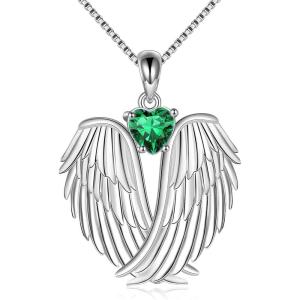 YFN Angel Wings Necklace 925 Sterling Silver Guardian Angel Wings Pendant Necklace Birthstone Necklace for Women Girls Christmas Jewelry Gifts(May-Green)