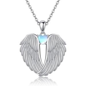 YFN Angel Wings Necklace 925 Sterling Silver Guardian Angel Wings Pendant Necklace Birthstone Necklace for Women Girls Christmas Jewelry Gifts(moonstone wings)