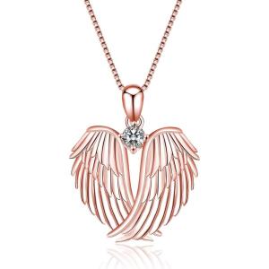 YFN Angel Wings Necklace 925 Sterling Silver Guardian Angel Wings Pendant Necklace Birthstone Necklace for Women Girls Christmas Jewelry Gifts(rose gold plated)