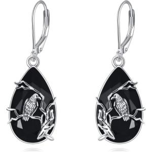 YFN Black Tourmaline Earrings Sterling Silver Dangle Drop Leverback Earrings Crystal Healing Jewelry Spiritual Protection Gifts for Women(Bat)
