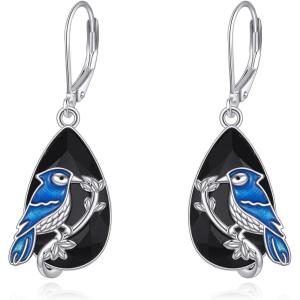 YFN Black Tourmaline Earrings Sterling Silver Dangle Drop Leverback Earrings Crystal Healing Jewelry Spiritual Protection Gifts for Women(Blue Jay)