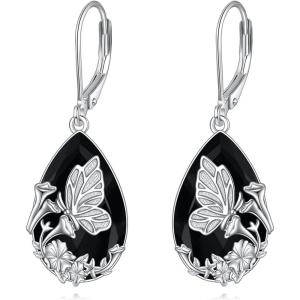 YFN Black Tourmaline Earrings Sterling Silver Dangle Drop Leverback Earrings Crystal Healing Jewelry Spiritual Protection Gifts for Women(Butterfly Fly)