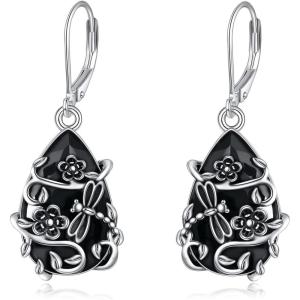YFN Black Tourmaline Earrings Sterling Silver Dangle Drop Leverback Earrings Crystal Healing Jewelry Spiritual Protection Gifts for Women(Dragonfly)