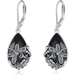 YFN Black Tourmaline Earrings Sterling Silver Dangle Drop Leverback Earrings Crystal Healing Jewelry Spiritual Protection Gifts for Women(Dragonfly Fly)