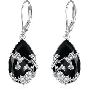 YFN Black Tourmaline Earrings Sterling Silver Dangle Drop Leverback Earrings Crystal Healing Jewelry Spiritual Protection Gifts for Women(Hummingbird)
