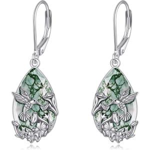 YFN Black Tourmaline Earrings Sterling Silver Dangle Drop Leverback Earrings Crystal Healing Jewelry Spiritual Protection Gifts for Women(Hummingbird Moss Agate)