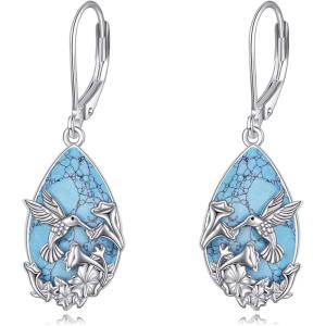 YFN Black Tourmaline Earrings Sterling Silver Dangle Drop Leverback Earrings Crystal Healing Jewelry Spiritual Protection Gifts for Women(Hummingbird Turquoise)