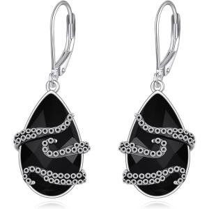 YFN Black Tourmaline Earrings Sterling Silver Dangle Drop Leverback Earrings Crystal Healing Jewelry Spiritual Protection Gifts for Women(Octopus)