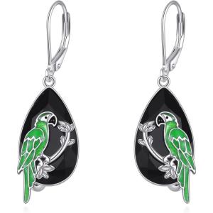 YFN Black Tourmaline Earrings Sterling Silver Dangle Drop Leverback Earrings Crystal Healing Jewelry Spiritual Protection Gifts for Women(Parrot)