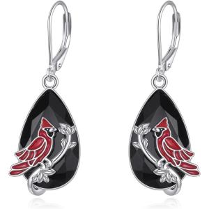 YFN Black Tourmaline Earrings Sterling Silver Dangle Drop Leverback Earrings Crystal Healing Jewelry Spiritual Protection Gifts for Women(Red Cardinal)