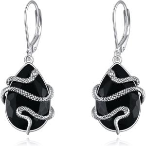 YFN Black Tourmaline Earrings Sterling Silver Dangle Drop Leverback Earrings Crystal Healing Jewelry Spiritual Protection Gifts for Women(Snake)