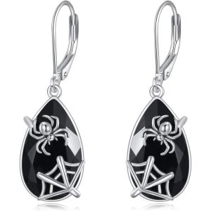 YFN Black Tourmaline Earrings Sterling Silver Dangle Drop Leverback Earrings Crystal Healing Jewelry Spiritual Protection Gifts for Women(Spider)